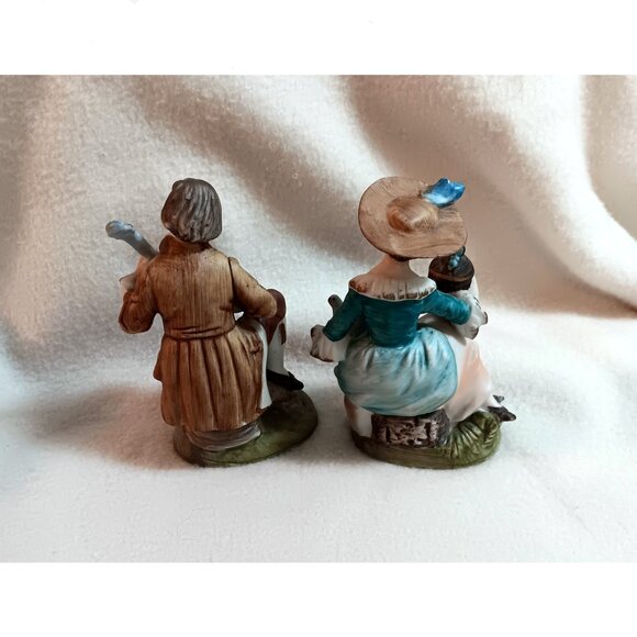 Pair Vtg Norleans Bisque Figurines Georgian Couple lute jug bird Perfect 5.5" - Picture 2 of 5